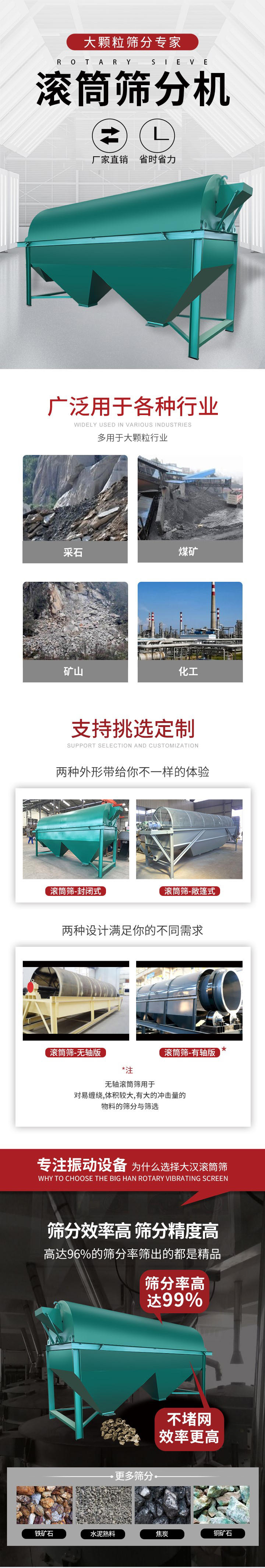 滾筒篩分機大顆粒篩分專家：廠家直銷，省時省力。滾筒篩被廣泛應用各種行業：多用于大顆粒行業例如：采石，煤礦，礦山，化工等。滾筒篩定制類型有哪些：封閉式與敞篷式產品結構分為：無軸式，有軸式兩種，無軸滾筒篩用于對纏繞，體積較大，有大的沖擊量的物料的篩分與篩選。滾筒篩篩分效率高篩分精度能夠達到：96%也比較適用于鐵礦石，水泥熟料，焦炭，銅礦石。滾筒篩特點：不飛粉末：密封隔離罩，密封性好，工作過程不會出現飛粉現象。外型尺寸是按筒體長計